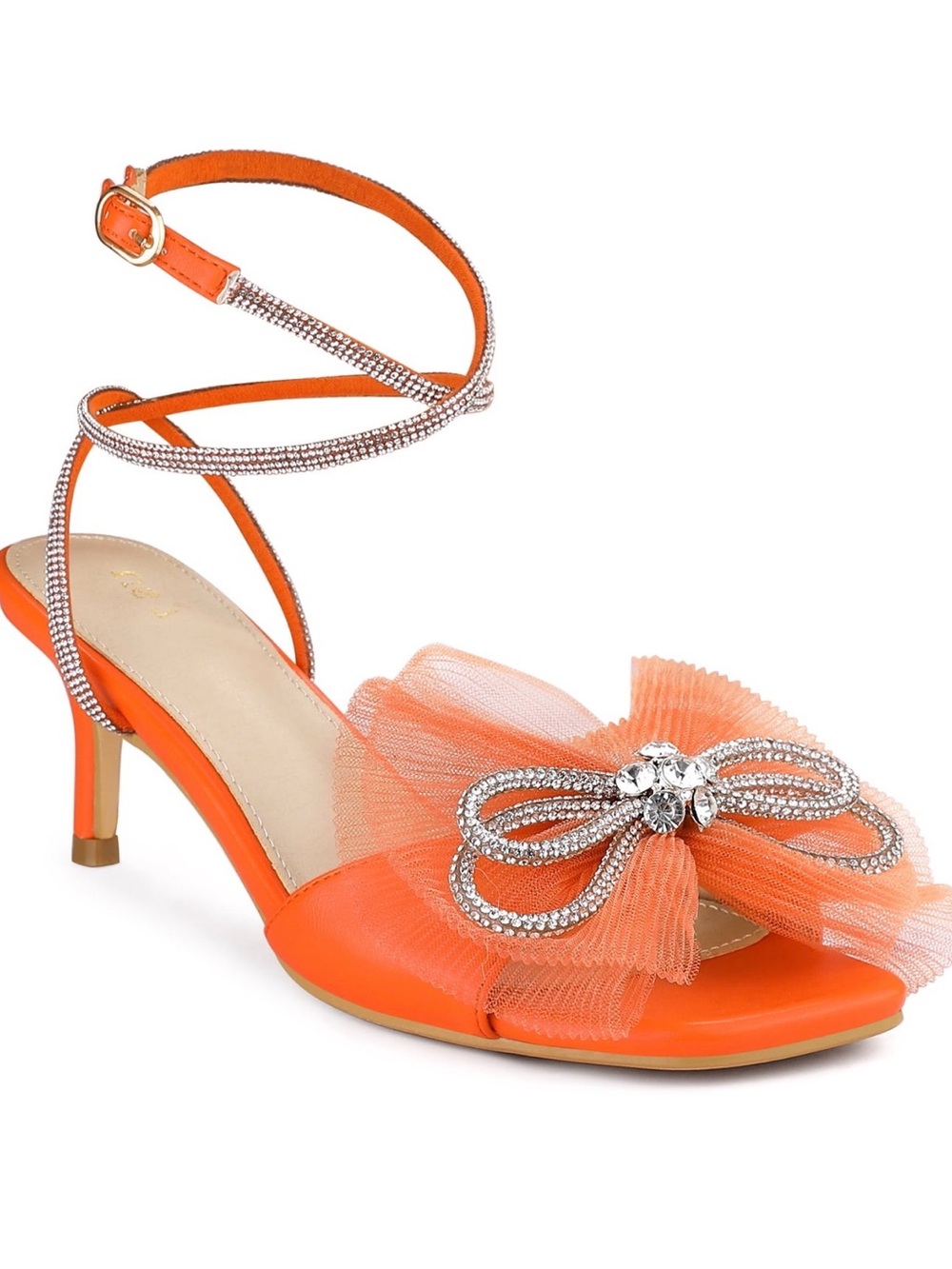 Perphy Rhinestone Bow Lace Up Rhinestone Strap Kitten Heel Sandals Orange US 7